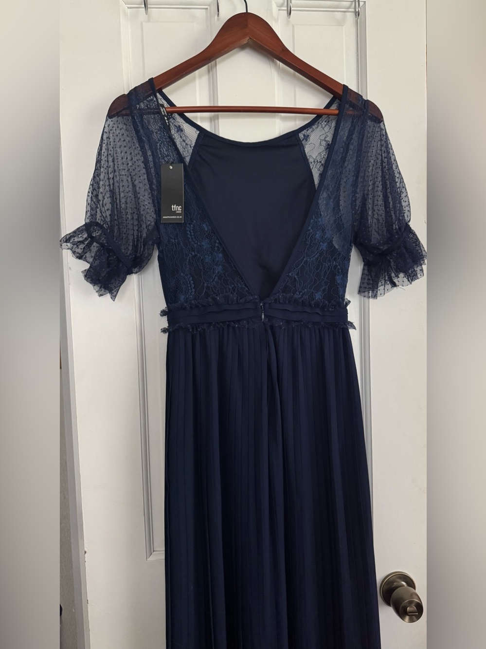 NWT Elegant Navy Maxi Dress with Sheer Puff Sleeves - Picture 2 of 6